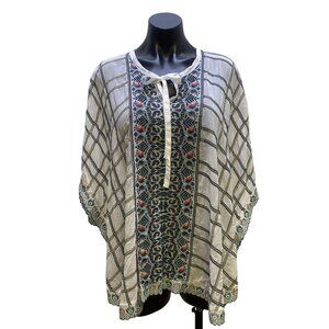 Johnny Was White w/Multicolored Embroidery Sheer Poncho Top Blouse Small